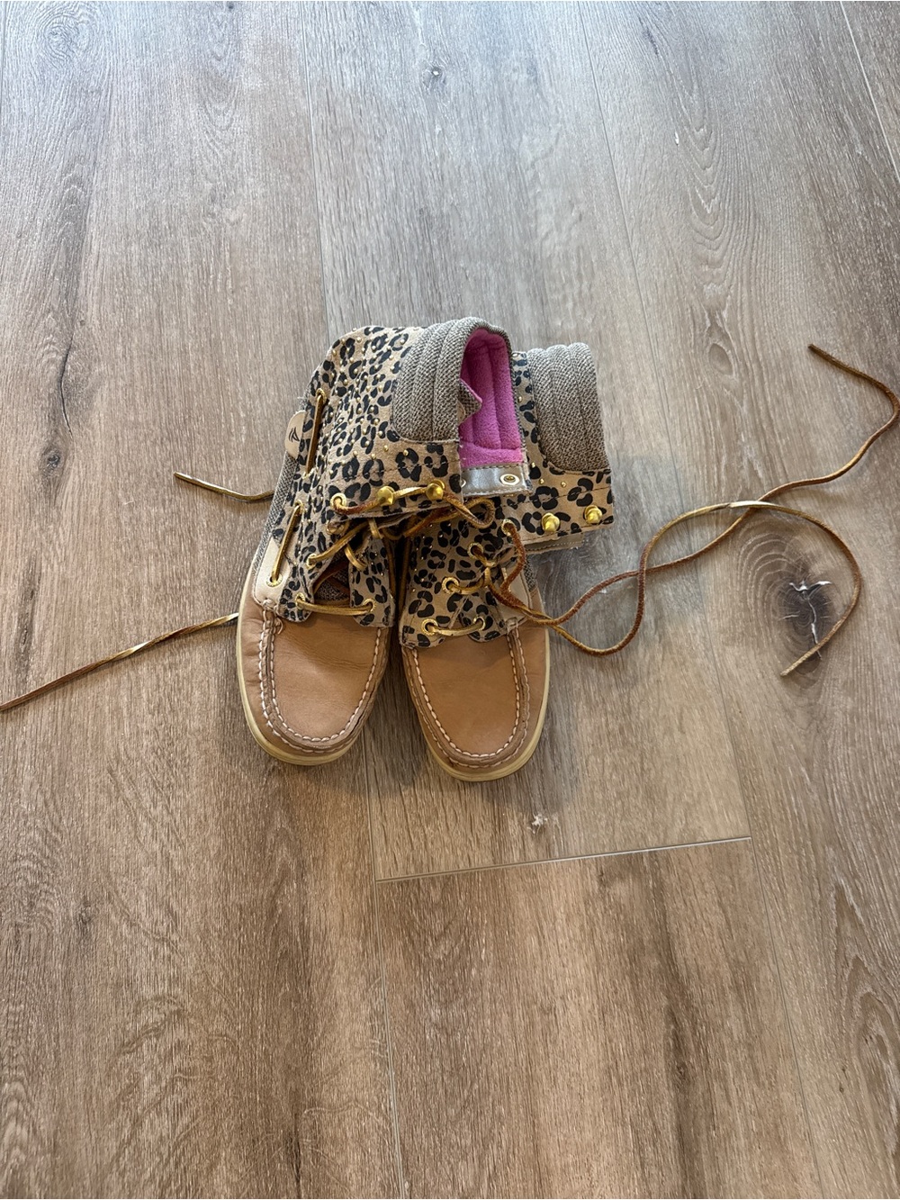 Sperry Leopard-Print Lace-Up Boots with Tan Leather and Pink Lining - Picture 2 of 5